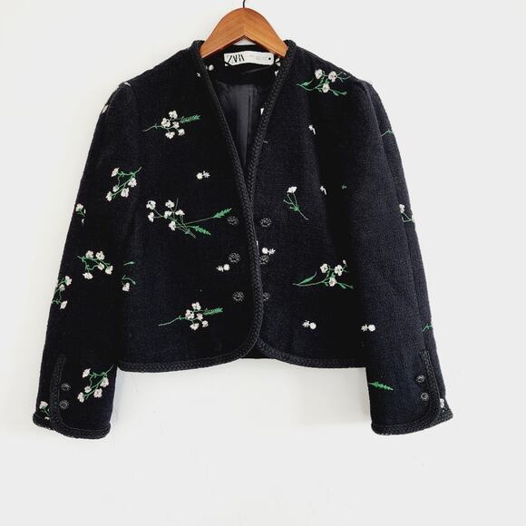Zara Black Floral Embroidered Open Blazer jacket Size Small - Picture 3 of 7